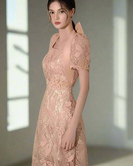 Elegant Bow-Detail Lace Halter Neck Dress for Women's Summer Events 2024