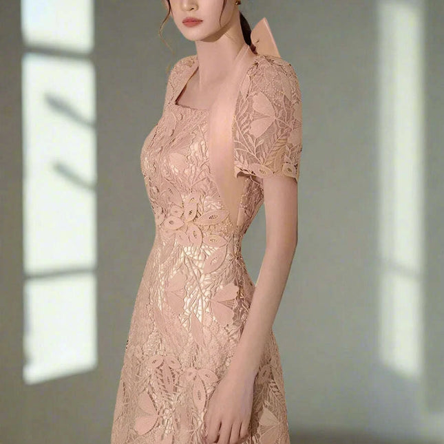 Elegant Bow-Detail Lace Halter Neck Dress for Women's Summer Events 2024