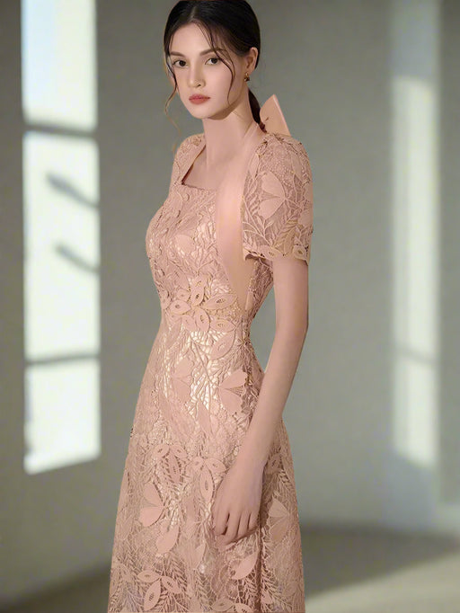 Elegant Bow-Detail Lace Halter Neck Dress for Women's Summer Events 2024