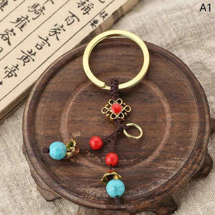 Lucky Fortune Cat Brass Keychain with Five Emperors Coin Charm