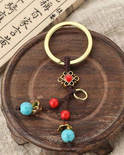 Lucky Fortune Cat Brass Keychain with Five Emperors Coin Charm