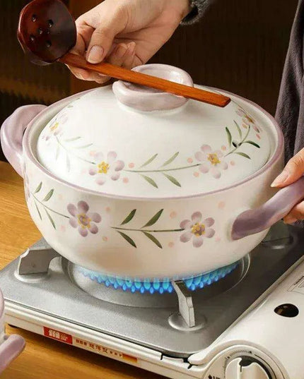 Elegant Japanese Taro Clay Casserole with Purple Floral Design for Gas Cooking: Experience Authentic High-Heat Culinary Traditions