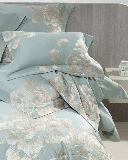 Elegant Floral Embroidered 1400TC Egyptian Cotton 4-Piece Duvet Cover and Sheet Set with Pillowcases