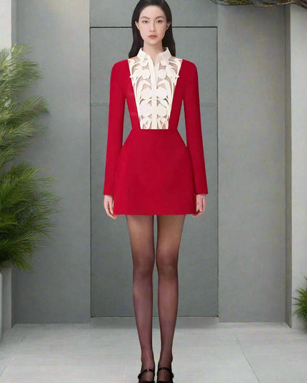 Floral Cut-Out Contrast Mini Dress with Lapel Detail for Women