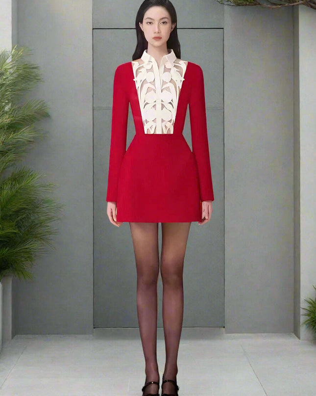 Floral Cut-Out Contrast Mini Dress with Lapel Detail for Women