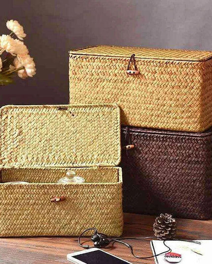 Woven Seagrass Storage Basket with Lid - Elegant and Functional Home Organizer