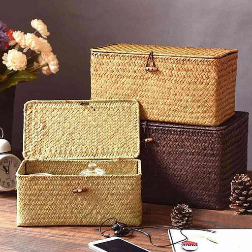 Woven Seagrass Storage Basket with Lid - Elegant and Functional Home Organizer