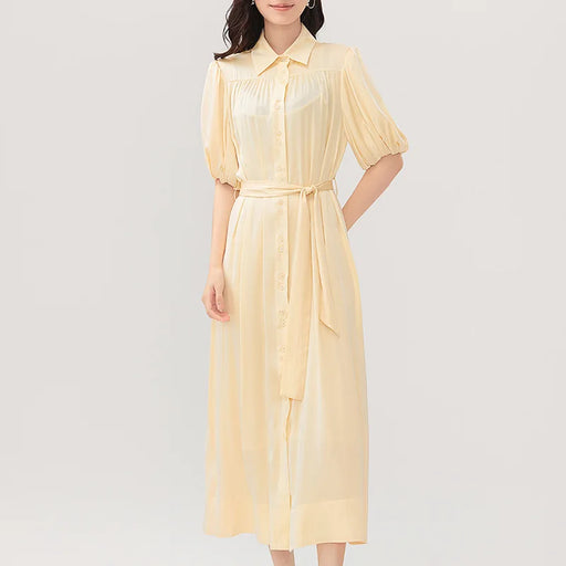 Elegant Summer Silk Dress with Lace-Up Waist - Women's Versatile Solid Dress