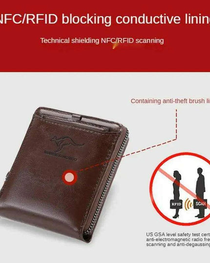 Men's Sophisticated Genuine Leather RFID Zipper Wallet - Multifunctional Business Card Holder with Coin Pocket