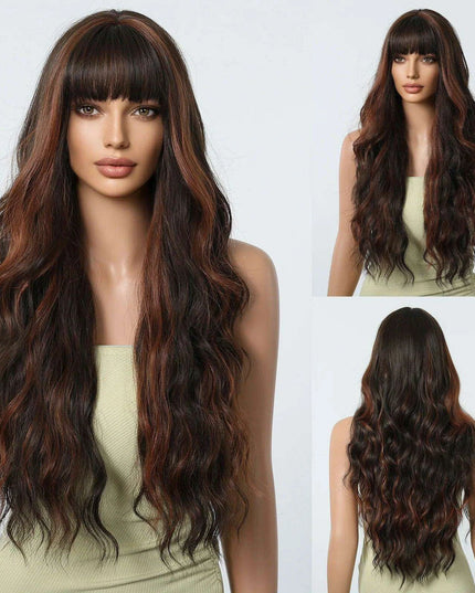 30-Inch Brown Wavy Synthetic Wig with Bangs - Perfect for Parties and Themed Events
