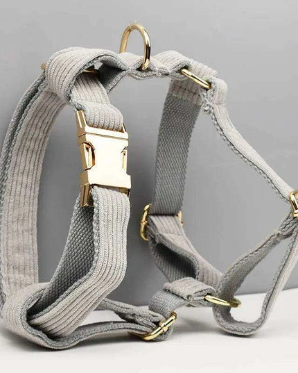 Personalized Light Grey Corduroy Dog Collar and Leash Set with Stylish Accessories