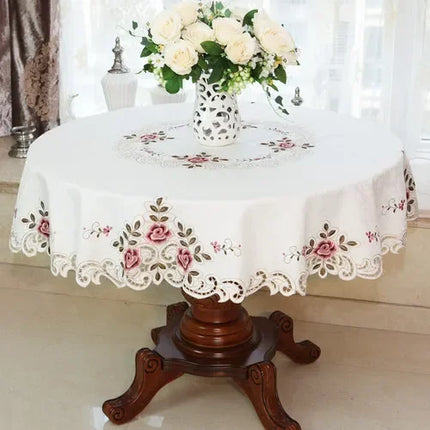 Embroidered Lace Round Tablecloth — Pastoral Rose Gold Table Linen