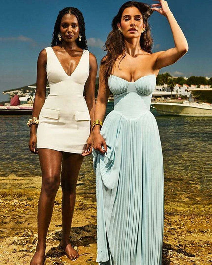 Glamorous Off-Shoulder High Waist Pleated Maxi Dress - Backless Bodycon Long Gown for Women