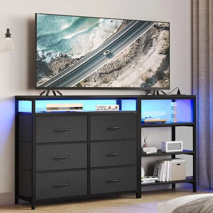 6-Drawer TV Stand with Reversible Shelving, RGB LED Lights & Charging Station