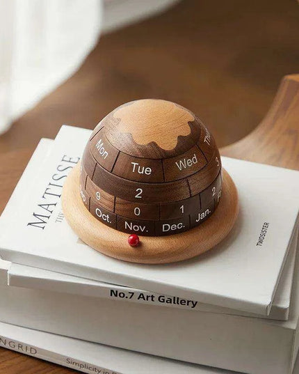 Artisan Black Walnut Planet Calendar Sculpture - Chic Accent for Home and Office