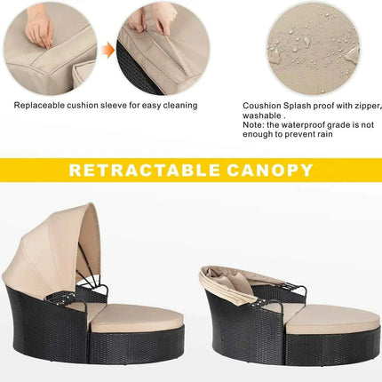 Versatile Black Wicker Round Daybed with Adjustable Canopy - Chic Outdoor Lounge Solution
