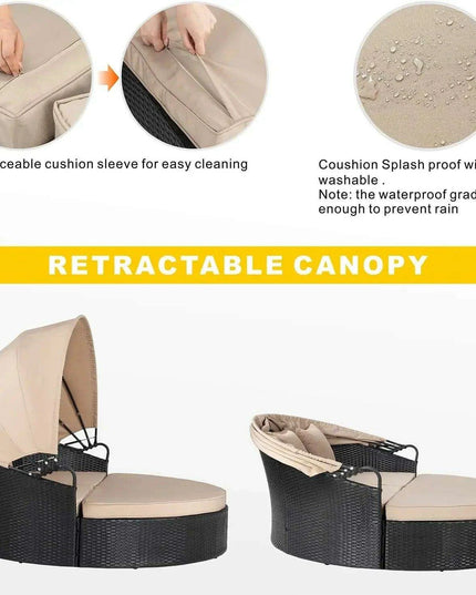 Versatile Black Wicker Round Daybed with Adjustable Canopy - Chic Outdoor Lounge Solution