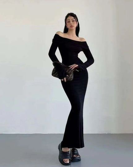 Chic Winter Elegance: Off-Shoulder Korean Maxi Dress in Black