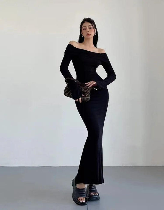 Chic Winter Elegance: Off-Shoulder Korean Maxi Dress in Black