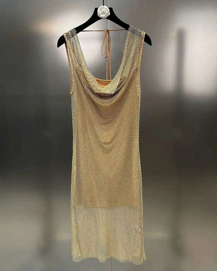 Elegant Backless Diamond Patchwork Dress with Stylish Collar - A Fashion Essential for Women