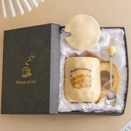 Whimsical Korean Cartoon Ceramic Mug Set with Lid and Spoon - Playful Drinkware Delight