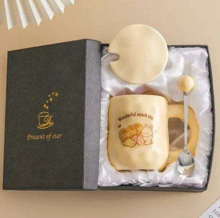 Whimsical Korean Cartoon Ceramic Mug Set with Lid and Spoon - Playful Drinkware Delight