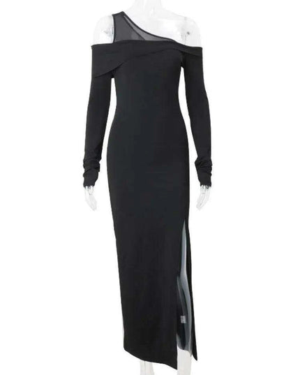 Black Asymmetrical Long Sleeve Maxi Dress with Backless Cut-Out