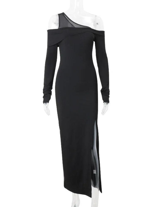 Black Asymmetrical Long Sleeve Maxi Dress with Backless Cut-Out