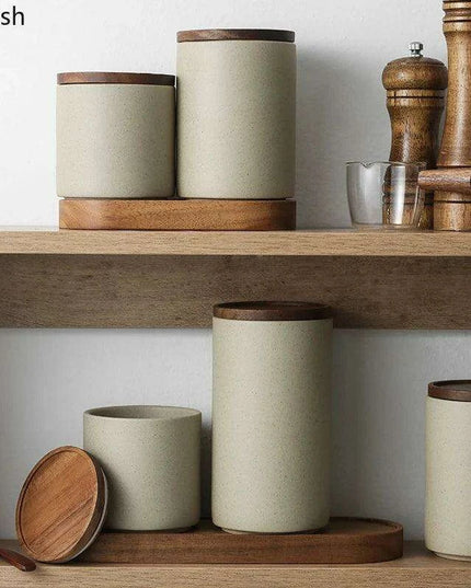 Vintage-Inspired Ceramic Canister Set with Airtight Wooden Lids for Tea and Coffee Storage