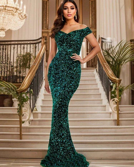 Glamorous Off-The-Shoulder Sequin Velvet Mermaid Evening Gown - Luxurious Long Dress for Women in Vibrant Red
