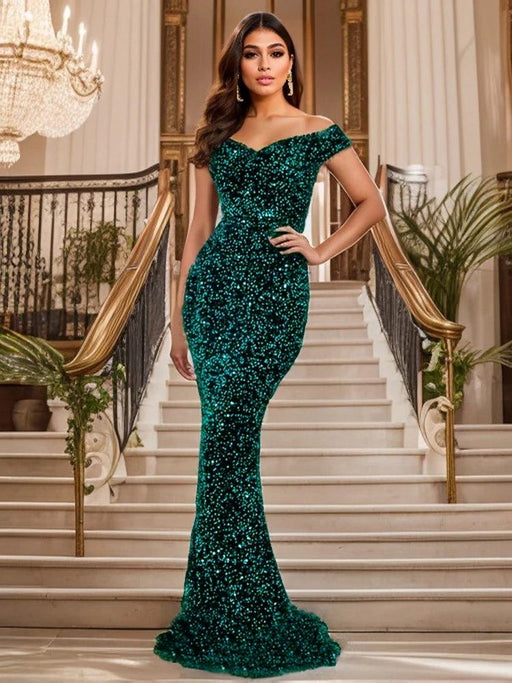 Glamorous Off-The-Shoulder Sequin Velvet Mermaid Evening Gown - Luxurious Long Dress for Women in Vibrant Red