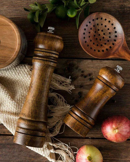 Stylish Wooden Salt and Pepper Grinder Set with Adjustable Ceramic Mechanisms and Elegant Stand