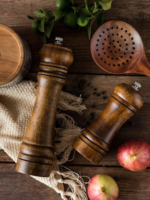 Stylish Wooden Salt and Pepper Grinder Set with Adjustable Ceramic Mechanisms and Elegant Stand