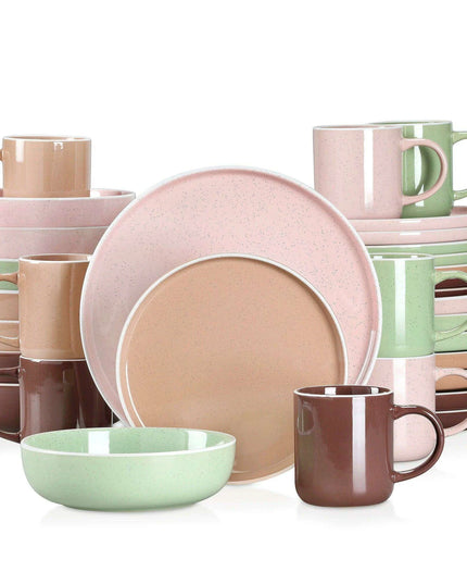 Apricot Elegance: Sesame Glazed Stoneware Dinnerware Set - 16/32/48 Piece Collection of Plates, Bowls, and Mugs