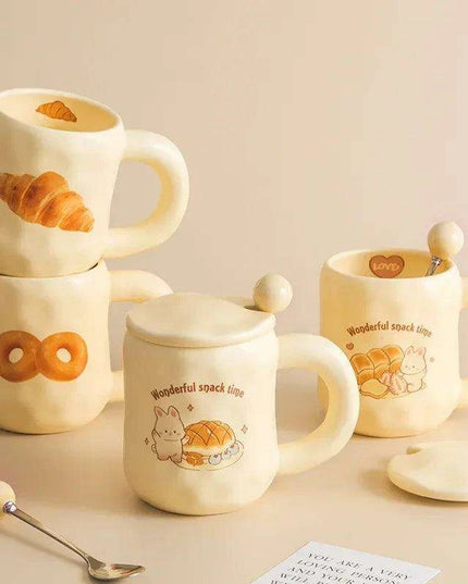 Whimsical Korean Cartoon Ceramic Mug Set with Lid and Spoon - Playful Drinkware Delight
