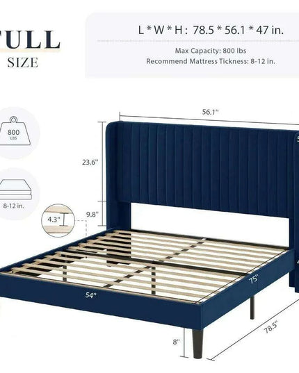 Elegant Blue Velvet Wingback Bed Frame with Smart Under-Bed Storage - Chic & Comfortable Design