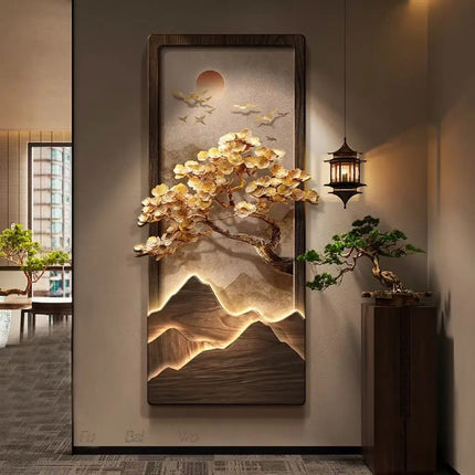 Chinese Landscape Corridor Painting with Integrated Wall Lamp