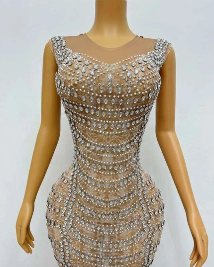 Sparkling Rhinestone-Studded Mesh Performance Dress for Nightclub Stars