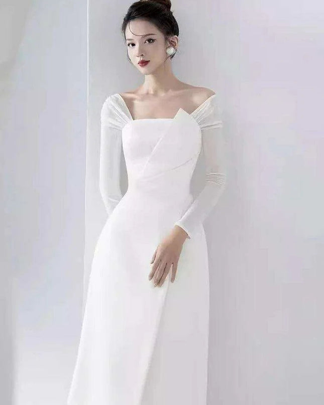 Chic Asymmetrical Summer Evening Dress with Long Sleeves and Flattering Fit