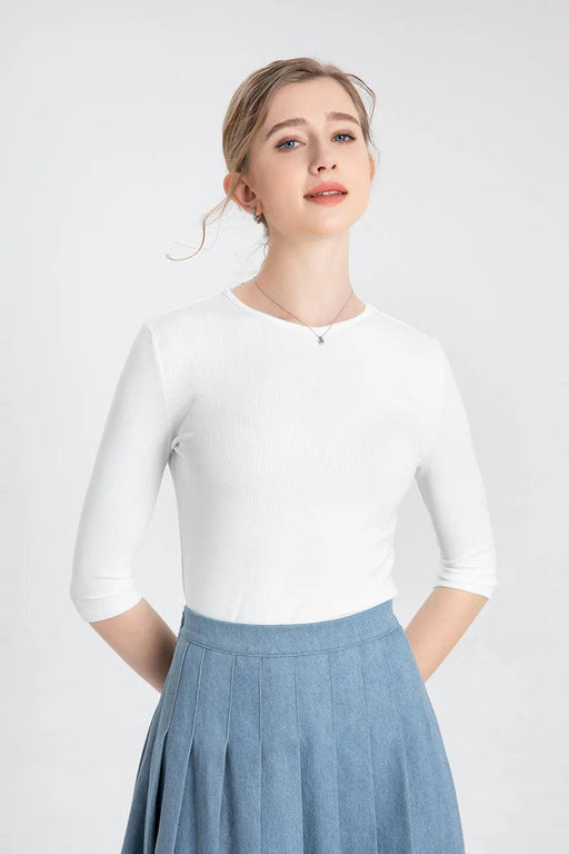 Chic Women's 3/4 Sleeve High V-Neck Fitted T-Shirt in Luxurious Ribbed Cotton Blend
