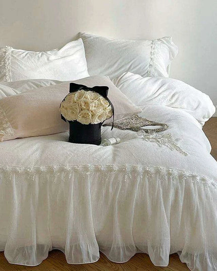 French Lace Ruffle Bedding Set with Velvet Duvet Cover and Floral Embroidery - 4-Piece Ensemble