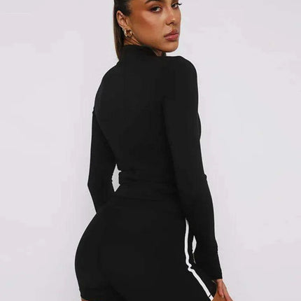 Black Zippered Athletic Tracksuit with Long Sleeve Top and Shorts Set