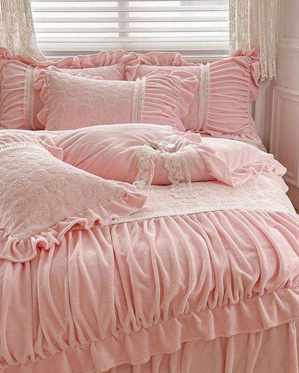 Pink Coral Velvet Bedding Set with Ruffled Duvet Cover and Pillowcases, Queen & King Sizes