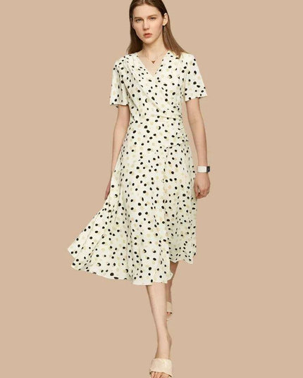 Elegant Chic Dot Print V-Neck Midi Dress for Women – Stylish Summer A-Line Chiffon Dress in White