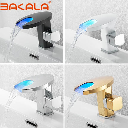 BAKALA Brass Waterfall LED Bathroom Faucet, Color Change, Mixer Tap