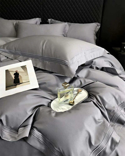 Elegant Egyptian Cotton Embroidered Duvet Cover Set, Premium Hotel-Quality Bedding with Bed Sheet and Pillowcases, Solid Color Luxury Collection