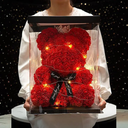 25cm Teddy Rose Flower Bear — Eternal Flower Gift with Box & Warm Lights