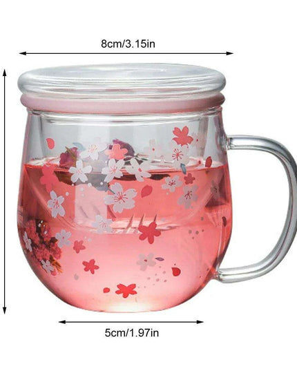 Sakura Blossom 300ml Heat-Resistant Glass Tea Mug Set with Infuser and Lid