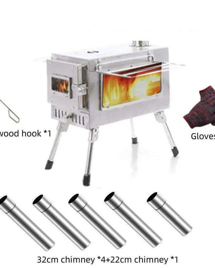 Compact Stainless Steel Outdoor Wood Stove with Chimney for Cooking and Heating