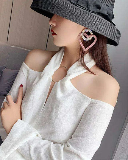 Vibrant Heart-Shaped Crystal Drop Earrings - Dazzling Rhinestone Statement Jewelry for Women with Bold Oversized Charm